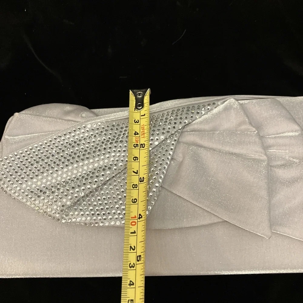 VTG Silver Rhinestone Crystal Bow Crossbody Silk Clutch Purse Jessica McClintock